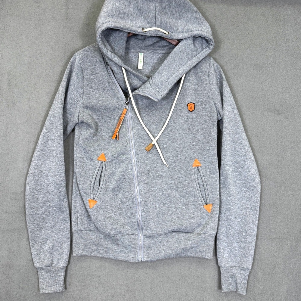 Naketano Repro Asymmetrical Zip Hoodie Men S Gray Streetwear Faux Leather Patch